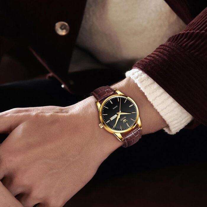 Чоловічий годинник OLEVS з нержавіючої сталі, кварцовий аналоговий годинник, класичний діловий годинник, водонепроникний, з підсвічуванням, з датою, на шкіряному ремінці, чорний циферблат, коричневий ремінь