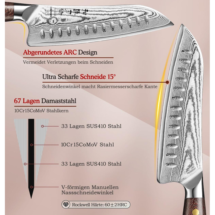 HEZHEN 21см ніж шеф-кухаря з дамаської сталі, 67 шарів, професійний кухонний ніж з дерев'яною піхвою, Full Tang ручка з Micarta