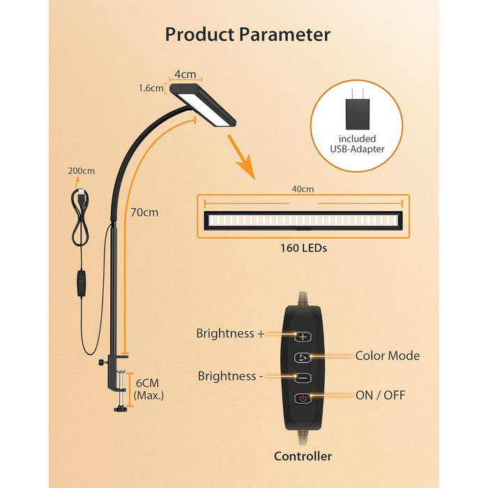 Настільна лампа 10W з регулюванням яскравості - 160 LED, USB-адаптер, 3 колірні температури, 10 рівнів яскравості, гнучкий 70см