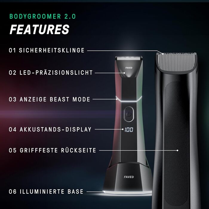 Тілогрумер 2.0: чоловічий триммер для тіла з безпечною клинком, 120 хв роботи, водонепроникний, LED-підсвітка, режим Beast, з Німеччини