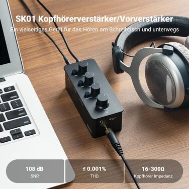 Fosi Audio SK01 Hi-Fi підсилювач для навушників, еквалайзер-попередній підсилювач з регуляторами басу, середніх і високих частот, компенсацією гучності, портативний клас-А аналоговий підсилювач для 3,5 мм і 6,35 мм гітарних роз'ємів