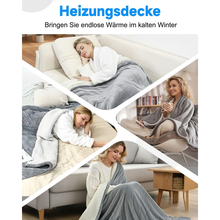 Електрична гріюча ковдра 180x130 см, плюшева ковдра з автовимкненням, 6 таймерів, 6 режимів нагріву, Sleep-Mode, гріюче підлое для дивана та ліжка, сірого кольору, можна прати, швидкий нагрів