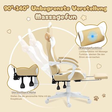 Ігровий крісло Dowinx з вушками для дівчаток, ергономічний геймерське крісло з масажем, регульованою підніжкою та підголівником, коричневе, до 135 кг