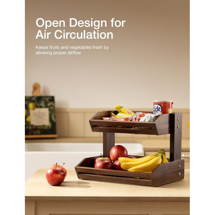 Двоярусна фруктова корзина HOLANA з дерева горіха для кухонного столу - органайзер для фруктів, овочів та закусок