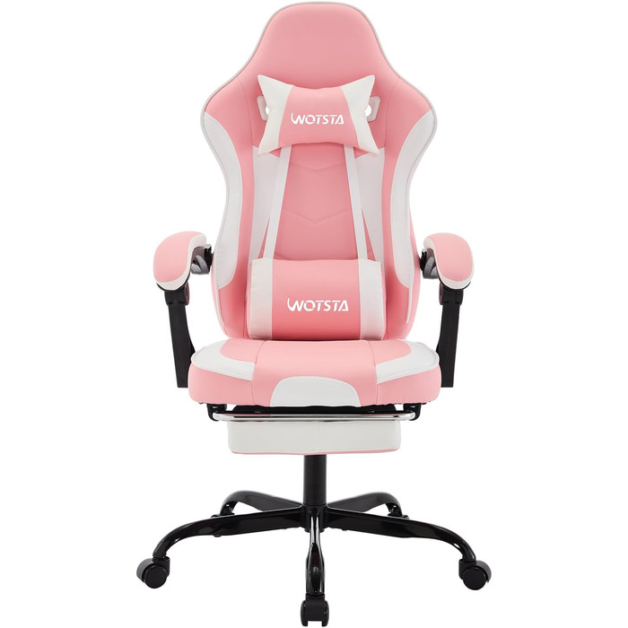 Ігрове крісло Gaming Chair з підніжкою та ергономічною підтримкою попереку, регульована спинка 90-135°, офісне крісло для геймерів, рожево-біле