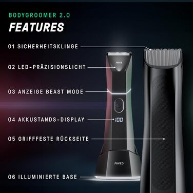 Тілогрумер 2.0: чоловічий триммер для тіла з безпечною клинком, 120 хв роботи, водонепроникний, LED-підсвітка, режим Beast, з Німеччини