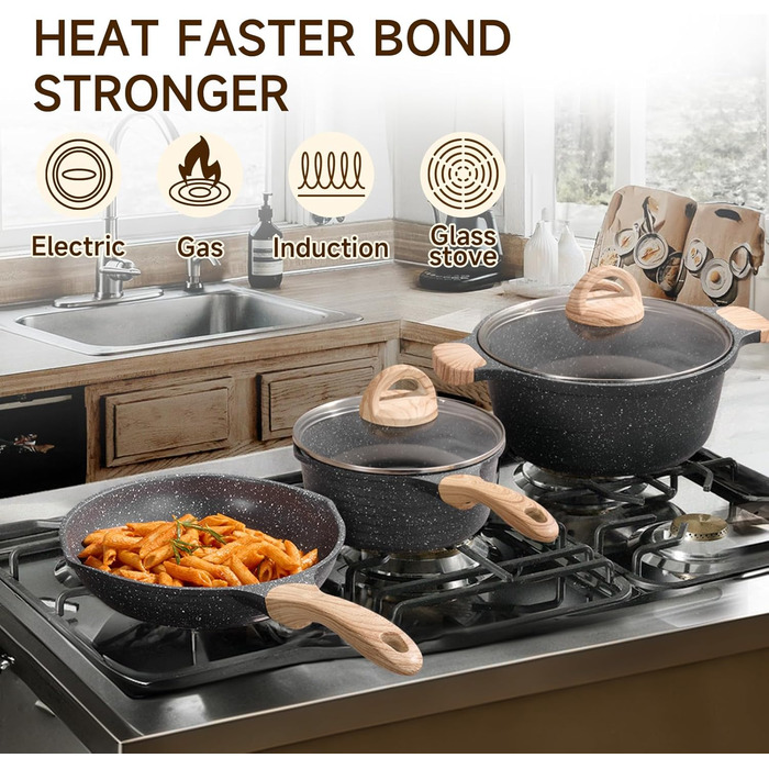 Набір посуду JEETEE 23-елементи: каструлі та сковорідки з антипригарним гранітним покриттям, підходить для всіх плит (індукційних), ідеальний як подарунок на новосілля