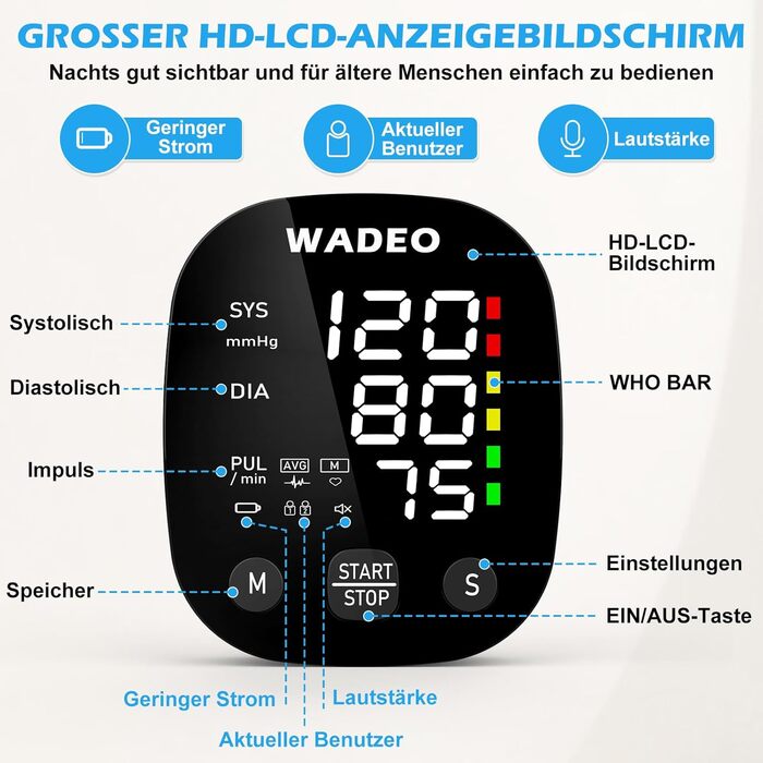Цифровий тонометр WADEO на зап'ясті, мовлення 5 мовами, виявлення аритмії, портативний тонометр для дому та подорожей, 2 x 99 пам'ять, з батарейками та коробкою для зберігання, білий (чорний)