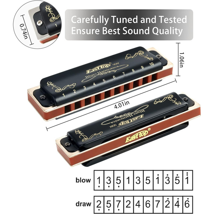 Гармошка губна East Top Diatonische Blues Harmonica T008K, тональність G - для професійних музикантів, початківців, дітей та як подарунок