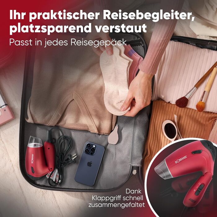 Фен Bomann® HTD 8005 CB червоний: компактний туристичний фен 1200W з дифузором та сумкою | 2 режими | 110/230V