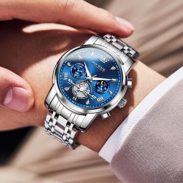 Годинник чоловічий OLEVS 2856 з фазами місяця, хронограф, кварц, нержавіюча сталь, водостійкий, блакитно-сріблястий