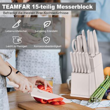 Набір кухонних ножів TEAMFAR з підставкою (15 предметів) з нержавіючої сталі, з точильним каменем, антипригарне покриття, для нарізання, подрібнення, дріблення, (15, Хакі)