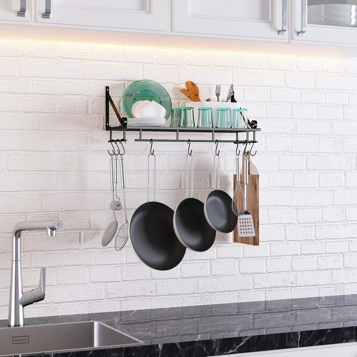 K-1121 60 CM Black Large Kitchen Shelf, Wall Shelf for Pots, Pans, and Utensils, Hanging Shelf with 10 Hooks