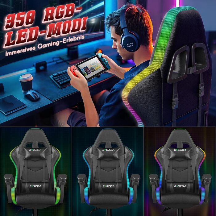 Ігровий стілець Racingreat RGB з підсвічуванням, підголівником та підтримкою попереку, регульований кут нахилу, для дітей та дорослих, чорний