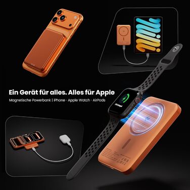 Power Bank 10000 mAh з магнітом, ультратонкий титановий корпус (14 мм), PD 20W, бездротова зарядка USB-C для iPhone 15/16/17 та Apple Watch (Оранжевий)