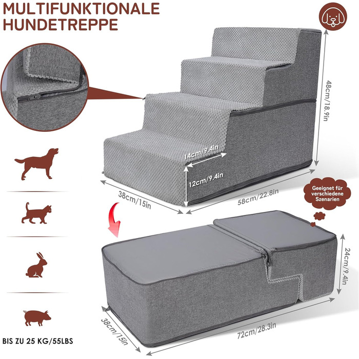 Dog stairs, dog ramp, non-slip dog stairs 5 steps, washable dog bed ramp, pet stairs made of high-density sponge, for injured & older dogs, cats (pet stairs 4 steps, gray)