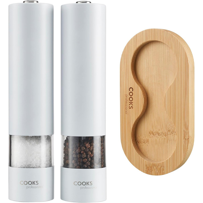Набір електричних мельниць для солі та перцю Cooks Professional з регулюванням помелу, нержавіюча сталь, білий колір