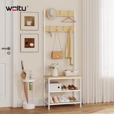WOLTU Coat Rack Clothes Rack Laundry Rack Shoe Shelf with Seat, with 7 Hooks, Wood and Steel, Hanging Shelf, Black Vintage (Light Oak + White)