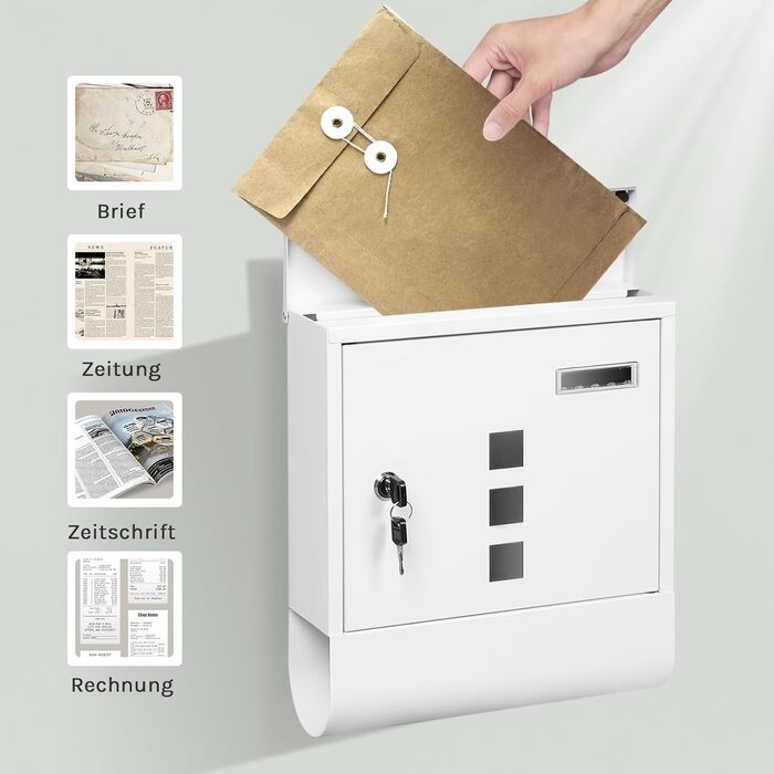 Поштовий ящик WOLTU з газетницею, оглядовим вікном та табличкою для імені, настінний, замикається (2 ключі), білий (30,5x33,5x9 см)
