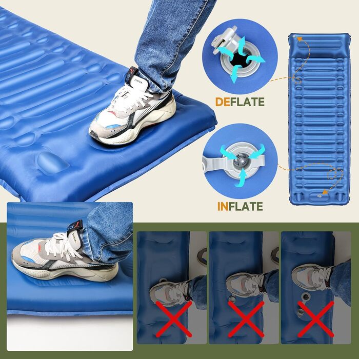 Каремат для кемпінгу Bluever самонадувний з насосом для ніг, 14 см, товстий, з подушкою. Підходить для піших прогулянок, намету, пляжу, подорожей.