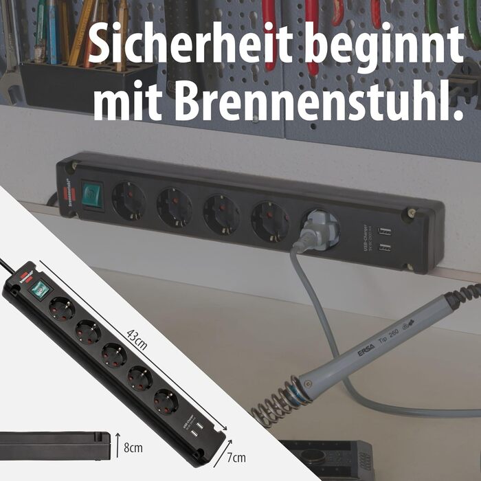 Смуга розеток Brennenstuhl Bremounta 5-портова з USB-зарядкою, чорна, з вимикачем, поворотні розетки 90°, 3м кабель