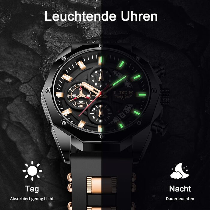 Годинник чоловічий LIGE з датою, кварцовий, аналоговий, чорний, з силіконовим ремінцем, водонепроникний, ретро, хронограф, вінтажний, для чоловіків