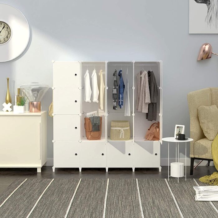 HOMIDEC Wardrobe, Portable Shelving System, 20 Cube Closet Made of Plastic with 2 Clothes Rails, Bedroom Wardrobe Closet White for Bedroom, 180 x 142 x 45cm (16 cube, All White)