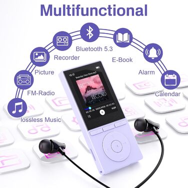 MP3 плеєр 64GB Bluetooth 5.3 з динаміком, записом голосу, E-book, HiFi звук, фіолетовий. Підтримка TF карти 128GB для спорту