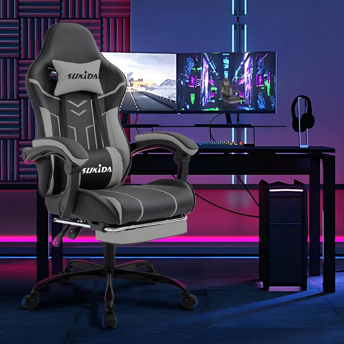 Ігрове крісло SUKIDA Ergonomic Gaming Chair з підставкою для ніг та підтримкою попереку, чорно-сіре