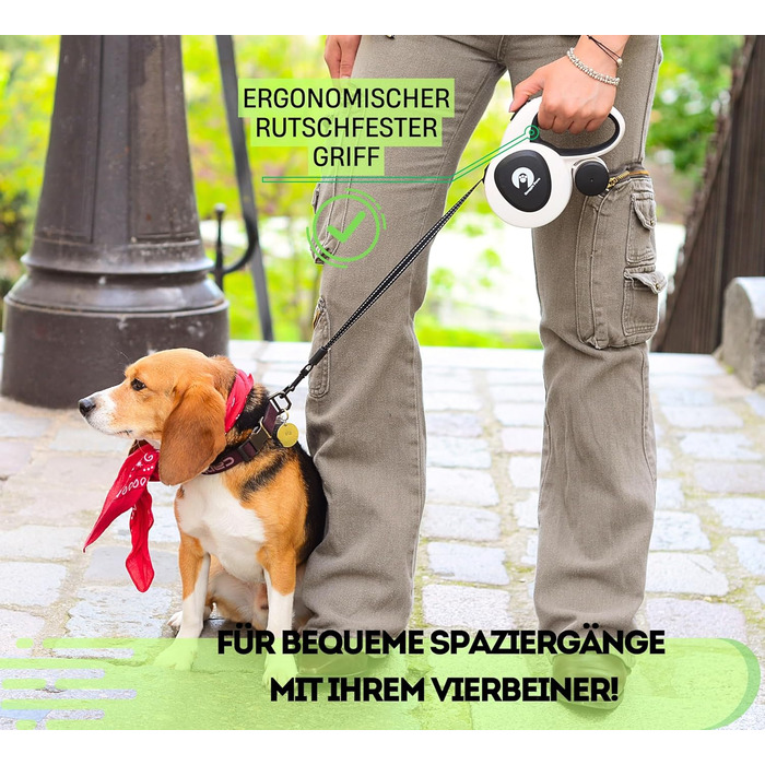 Snuggle Paws Retractable Dog Leash - 5m LED Light, Poop Bag Dispenser, Chew-Proof Steel Cable, Reflective Nylon Band | Extendable Leash for Small Dogs up to 20kg