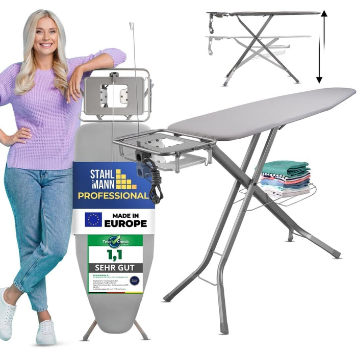 Сталевий XXL-Bügelbrett від STAHLMANN® для парогенераторів [130x48 поверхня для прасування] – стабільний стіл для прасування з покриттям [100% бавовна], Made in EU