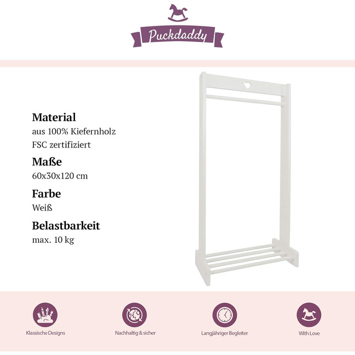 Puckdaddy Svetje | Clothes Rack 60x30x120 cm | Clothes stand made of pine wood in vintage design in white | Modern coat rack for baby and children's rooms | With practical shoe storage