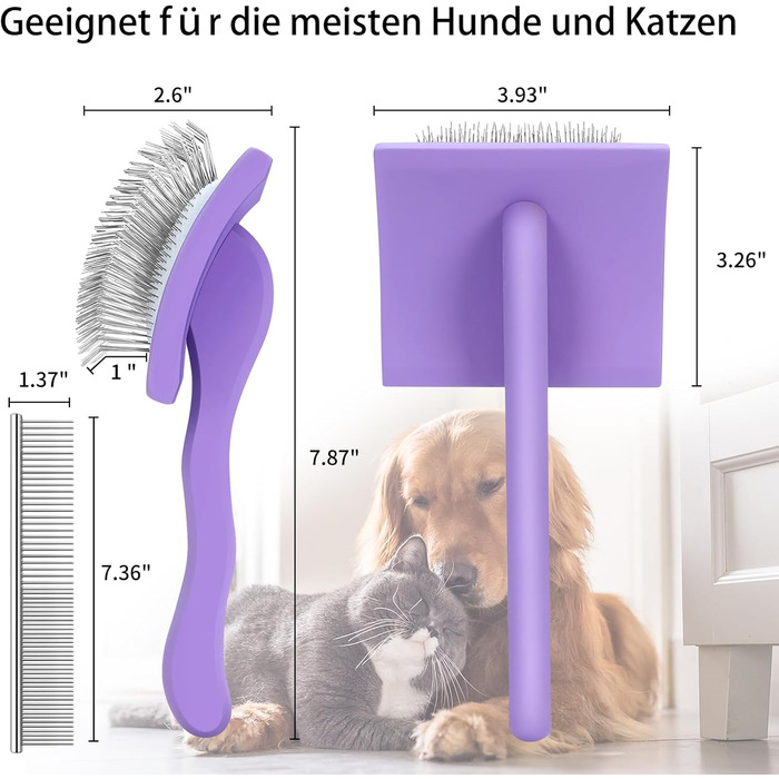 Гребінець для собак та котів Slicker з дерев'яною ручкою та довгими нержавіючими шпильками - видаляє підшерсток, ковтуни та заплутування - з гребінцем для догляду - для Golden Retriever та Maine Coon - фіолетовий, великий