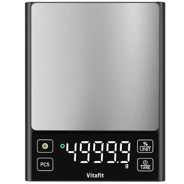 Електронні кухонні ваги Vitafit до 5 кг з точністю 0.1 г, цифрова вага для кухні, випічки та кави з функцією відсотка, платформа з нержавіючої сталі, LED-дисплей, чорний