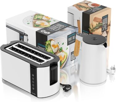 Набір Arendo: чайник з регулюванням температури та тостер на 4 скибочки з підігрівом для бутербродів - нержавіюча сталь, білий матовий