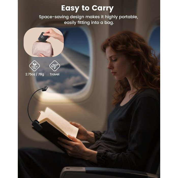 Світлодіодна лампа для читання Glocusent з кріпленням на книгу, 26 LED, 5 температур кольору, регулювання яскравості, USB-C, 360° гнучкість, чорний колір