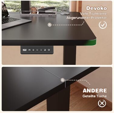 Devoko Adjustable Height Desk - Electric Standing Desk with Memory Function, 73-118cm Height, Collision Detection, Black, 140x60cm