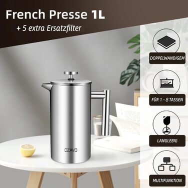 1L Coffee Maker French Press Stainless Steel Thermo with 5 Stainless Steel Filters Double-Walled Insulated System with Two-Layer Construction 1000ML