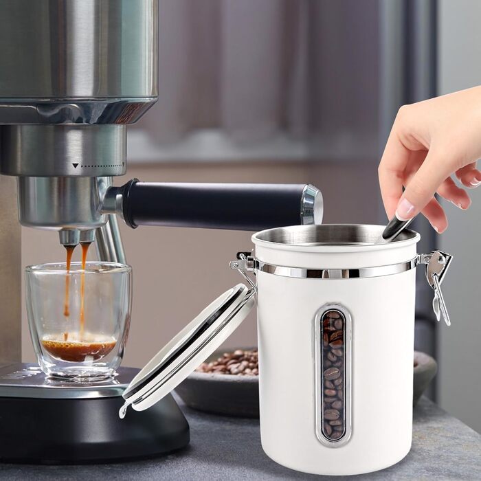 Контейнер для кави 1800 мл з прозорим вікном, з нержавіючої сталі, з ложкою, білий, для кавових зерен, чаю, горіхів, какао