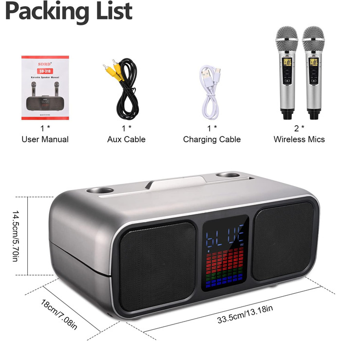 Караоке Машина з 2 Бездротовими Мікрофонами, Bluetooth Колонка з Сенсорним Екраном, LED-підсвічуванням та Підставкою для Телефону, Караоке Колонка для Дітей з USB/TF/AUX (Срібна)