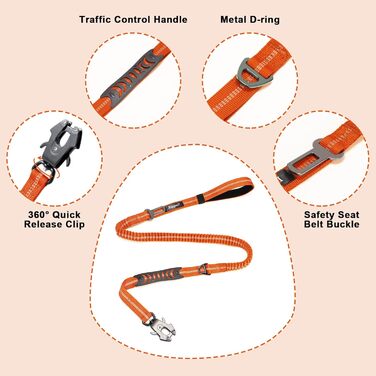 Міцна тактична повід для собак Raiput Bungee, 1.2-1.8 м, проти тяги, з карабіном, світловідбиваючі, амортизуючі, для середніх собак (Orange 2.0, Large)