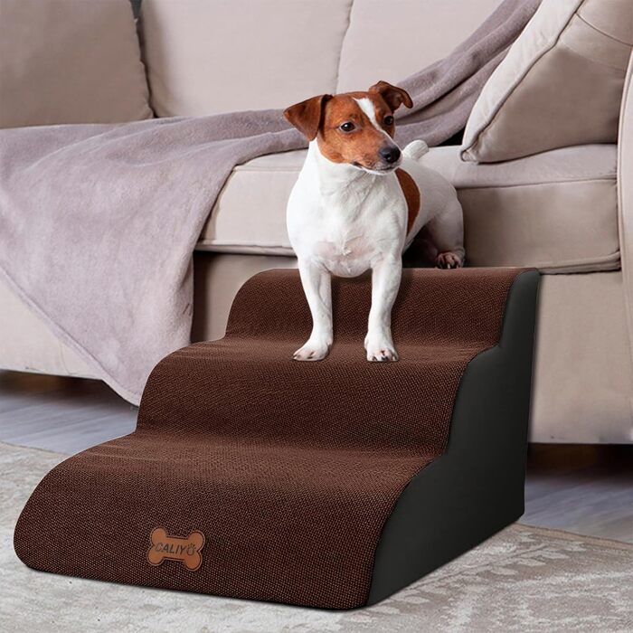 Сходинки для собак Caliyo 3 ступені, для маленьких собак та котів, 40 см, знімний чохол, антиковзаюча поверхня, для ліжка, дивану, авто (60×40×40см), коричневі