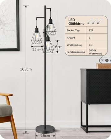LED торшер Edishine для вітальні, 3 лампи, ретро стиль, диммування, 4W E27, металевий абажур-сітка, 2700K, висота 166 см, чорний