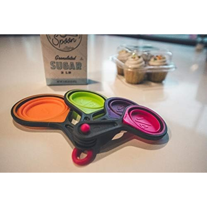 Collapsible measuring cups and nesting spoons, adjustable silicone for cooking, used for liquid and dry kitchen items, portable portion control, dog food, children, travel, campers, space-saving.