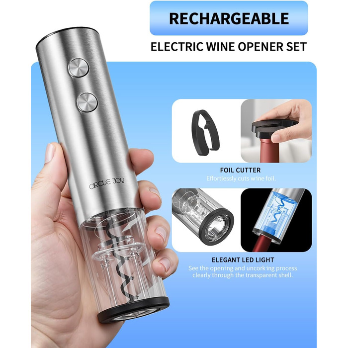 Електричний відкривачка вин CIRCLE JOY 6-в-1 з зарядною станцією, набір з нержавіючої сталі, з різаком фольги та вакуумними закривачами