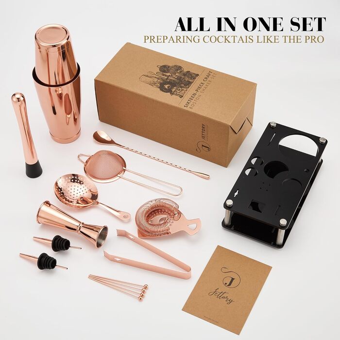 Набір шейкерів Boston - 16 предметів, нержавіюча сталь, рожеве золото, з акриловою основою, сито, щипці для льоду, барна ложка, мірний стакан, мадлер, виливач для пляшок та коктейльні шпажки