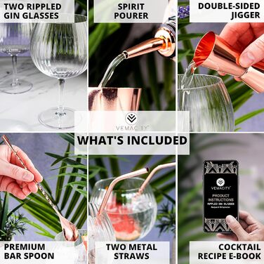 Vemacity Twisted Gin & Tonic Glass Set | 2 Handcrafted Gin Glasses, Rose Gold Bar Spoons, Spirits Measuring Jigger, 2 Metal Straws, Pourer & Recipe PDF | Cocktail Set