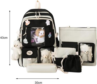 Чарівний рюкзак з милим аксесуаром, набір 5 шт. Великий рюкзак у стилі Харадзюку, трендовий рюкзак для школи, коледжу, подорожей, з нашивками (Чорний)