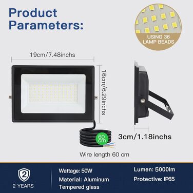 LED Floodlight 50W, Outdoor 5000LM, Spotlight 72 LED IP65 Waterproof, Outdoor Floodlight 6500K Cold White, 230V for Garage, Garden 【2 Pieces Black】 (6500k Cold White, GJ50W [2 Pieces Black])