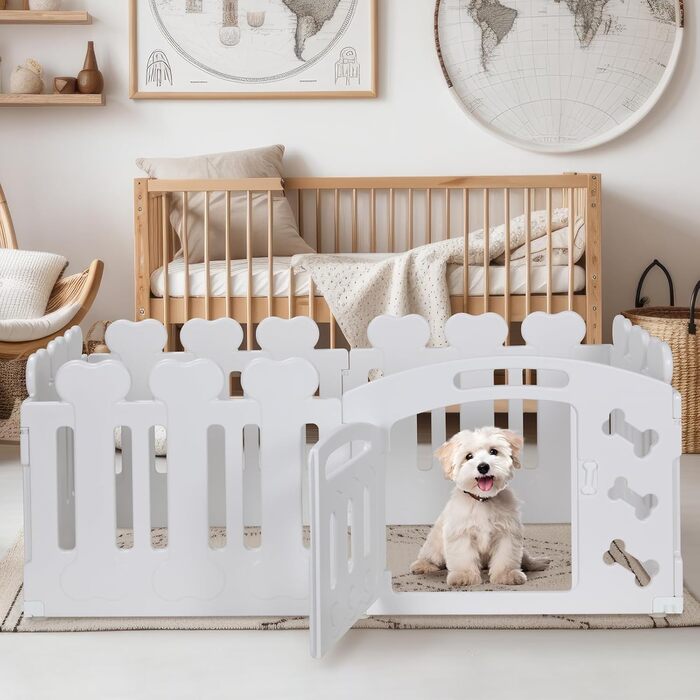 Laufstall для цуценят Mamizо 60 см, пластиковий загон для собак, з торцем та ґрунтами, сірий-білий (5+1)